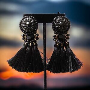 Black Tassel Earrings Beaded Gold Tone Pierced‎ Cascading Silky Bohemian Sexy